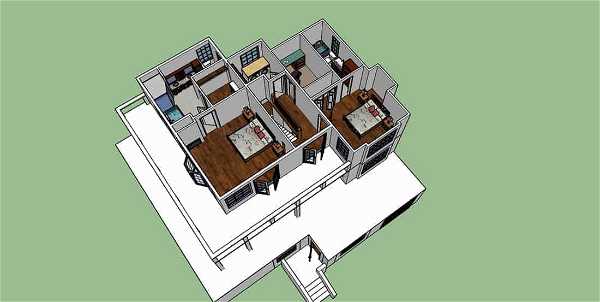 A 3D model of a multi-room house with an overhead view. The house features several rooms including what appear to be bedrooms, a living area, and possibly a kitchen. The rooms are furnished with beds, tables, and other furniture. The