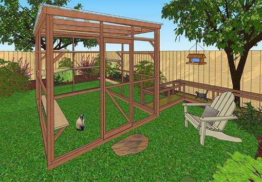 3D rendering of a backyard scene showing a partially constructed wooden frame structure, a garden with green grass and trees, a wooden fence in the background, an Adirondack chair, and a cat sitting on the ground inside the wooden structure.