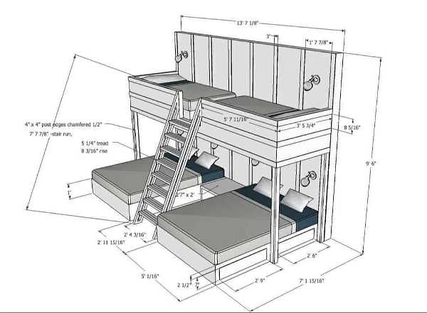 A 3D design drawing of a bunk bed set featuring two single beds on top and two double beds on the bottom. A ladder provides access to the upper beds. The drawing includes detailed measurements and dimensions of the beds, the ladder, and other