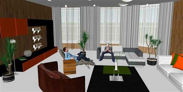 A 3D rendered image of a modern living room featuring two people seated on opposite sofas. The room is furnished with multiple sofas, potted plants, a large black rug, a low coffee table, and wall-mounted shelves. The back wall has