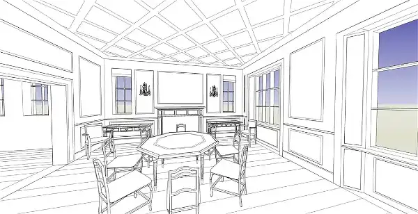 A black-and-white line drawing depicts an interior room with a coffered ceiling, several large windows, and paneled walls. In the center of the room is an octagonal table surrounded by six chairs. The room also features a fireplace with a