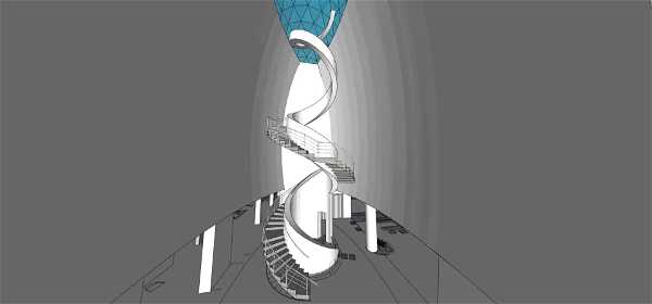 A digital rendering of a spiral staircase extending upwards in a cylindrical structure. The staircase coils around a central column and reaches up towards a blue, dome-shaped ceiling. The surrounding space is grey, and the design appears minimalistic and modern.