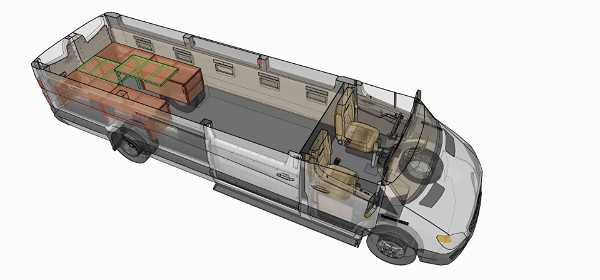 A transparent 3D model of a long van or bus showcasing its interior layout. The front section features two seats for the driver and passenger, and the rear cargo area contains multiple boxes. The model provides a clear view of the vehicle's structure,