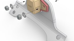 Exploded view of a mechanical assembly showing a beige housing mounted onto a curved gray bracket. The components include screws, washers, and nuts, with arrows indicating assembly directions.