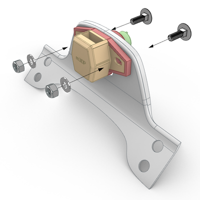 Exploded view of a mechanical assembly showing a beige housing mounted onto a curved gray bracket. The components include screws, washers, and nuts, with arrows indicating assembly directions.