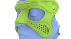 A blue 3D-rendered human head wearing a green, perforated protective mask covering the eyes and mouth area.