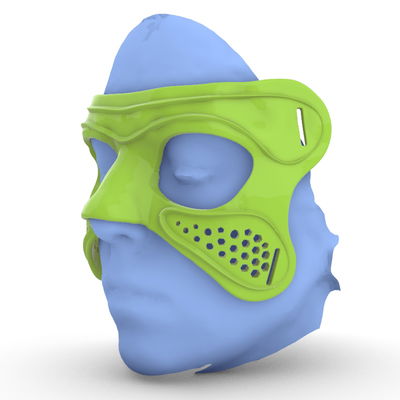 A blue 3D-rendered human head wearing a green, perforated protective mask covering the eyes and mouth area.