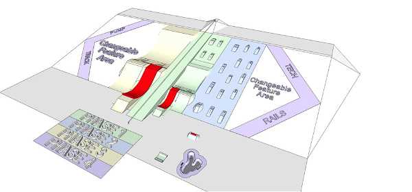 3D architectural model of a modern building with a sloped roof. The design includes two prominent red staircases and large, angled glass windows. Adjacent areas are labeled as "Tech" and "Rails". The base shows various sections with colorful dem